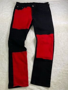 Men's Black Jeans with Red Panels Black Red size 32 Skinny Jeans Streetwear